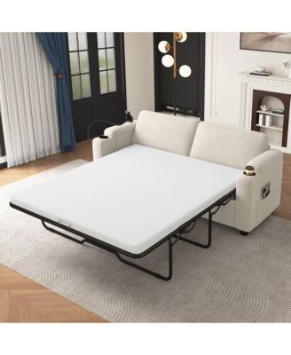 72.8" Corduroy Sleeper Sofa Loveseat Sofa with Full Size Mattress, Two USB Ports, Two Cup Holders, Two Side Pockets and a Phone Holder