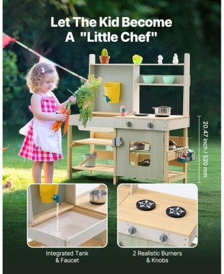 Mud Kitchen for Kids, Wooden Outdoor Playset, Pretend Kitchen with Stoves, Tank, Faucet, Storage Bag, Metal Baskets & Cookware