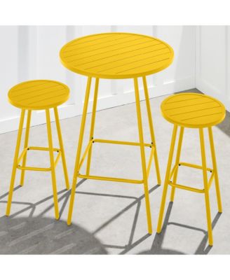 3-Piece Steel Patio Bar Height Round Bistro Set w/ Backless Stools, Slatted Design