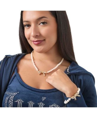 Pave Bow, Gold Tone Accents Pearl Necklace