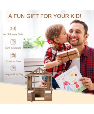 Outsunny wooden playhouse with door & windows, flowerpot holders, 46"x38", outdoor cottage for kids ages 3–8.