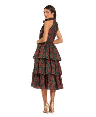 Women's Floral Chiffon Tiered Midi Dress with Neck Bow