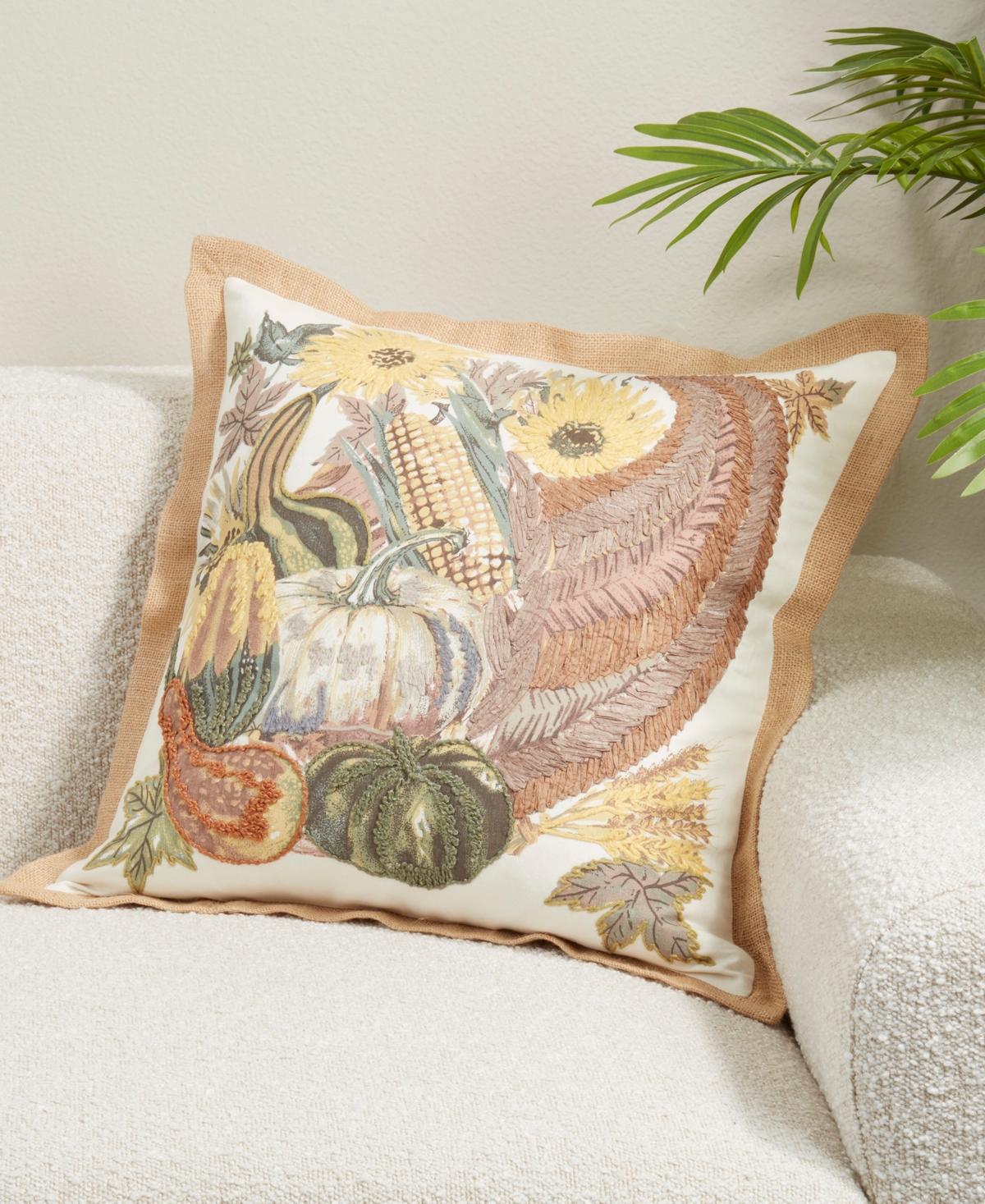 Saro Lifestyle Embroidered Cornucopia Poly Filled Decorative Pillow, 20" x 20"