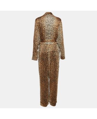 Women's Brown Leopard Print Silk Belted Jumpsuit