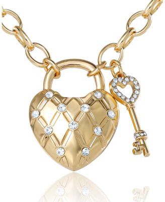 Heart Locket with Key Pendant Necklace, Gold Tone