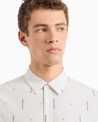 Men's Slim Fit Long Sleeve Button-Front Striped Logo Print Shirt