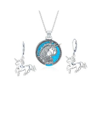 Large Round Pegasus Celestial Unicorn Medallion Pendant Necklace & Dangle Earring Jewelry Set Oxidized Sterling Silver