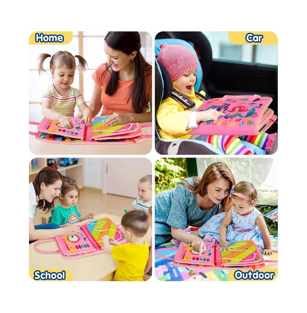 Busy Board 8 in 1 Busy Book Montessori Toys for Toddler Sensory Toys Developing Sensory Board Travel Toys Pink