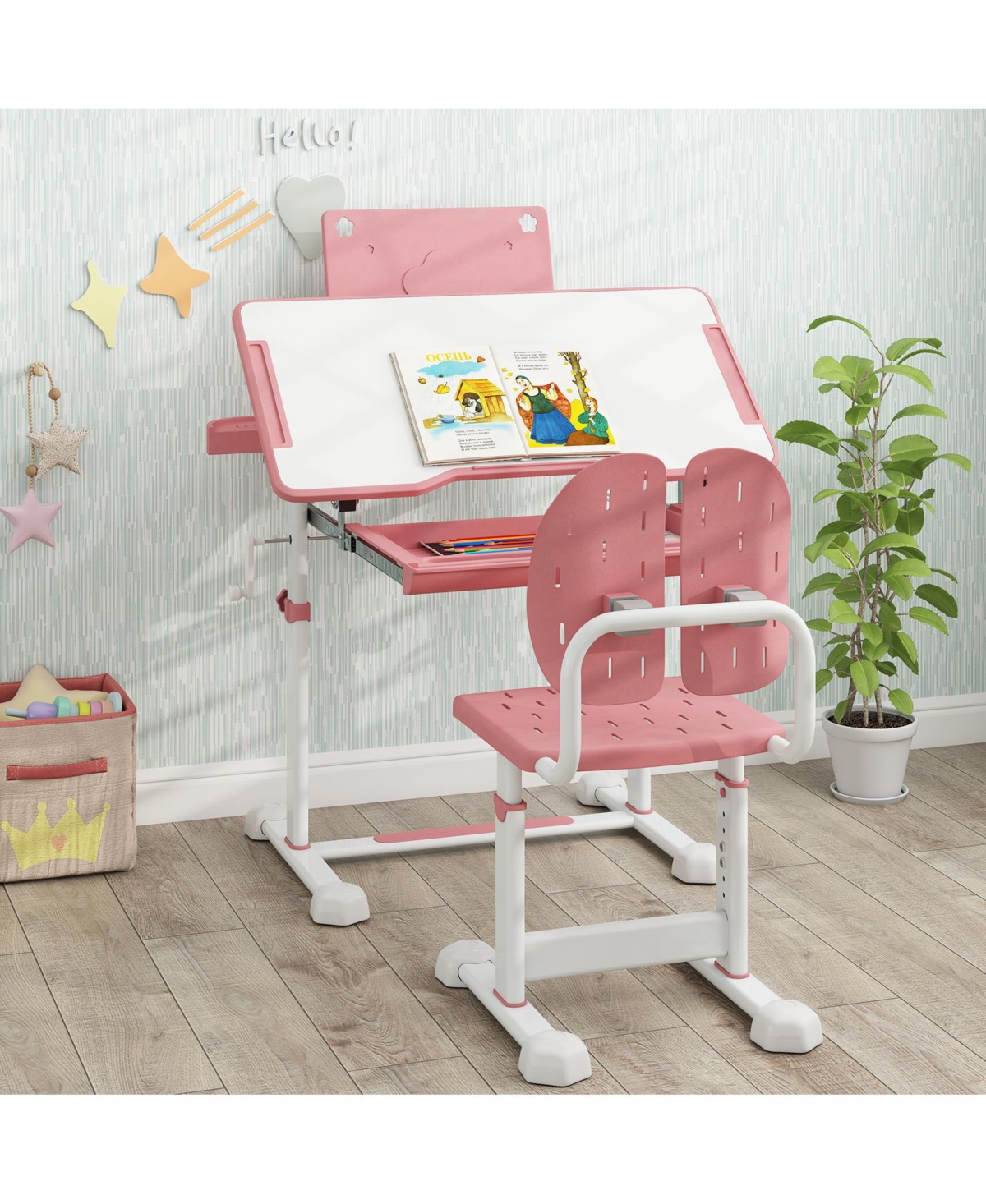 Gymax Kid's Study Desk and Chair Set w/Tilt Desktop Book Stand Footrest Bar for Toddlers