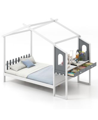 Full Size Kids House Bed With Study Desk And Removable Box Drawers Hanging Hooks