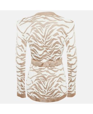 Women's Beige/white Zebra Pattern Jacquard Knit Drawstring Detail Cardigan