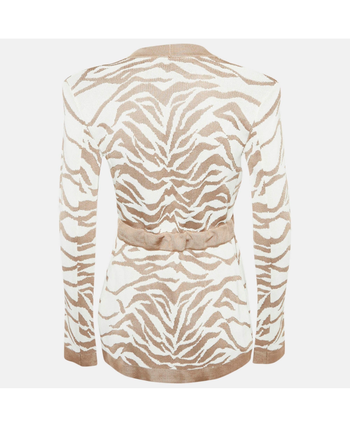 Pre-Owned Balmain Women's Beige/white Zebra Pattern Jacquard Knit Drawstring Detail Cardigan