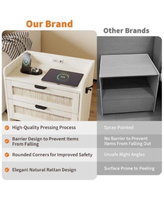 Rattan Nightstand, Bedside Table with Type-C Charging Station - 2 Storage Drawer Space, Boho End Table Side Table, 1pcs