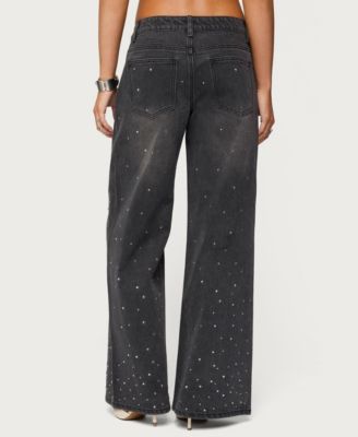 Women's Rhinestone Washed Low Rise Baggy Jeans