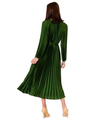 Women's Pleated Long-Sleeve Waist Tie Midi Dress