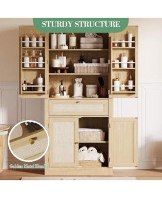 70inch Tall Kitchen Pantry Cabine, Rattan Doors Freestanding Cupboard Storage Cabinet with Drawer and Adjustable Shelves