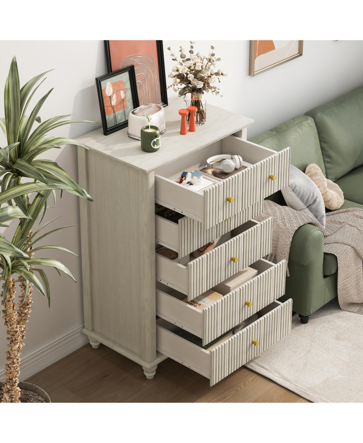 Casainc 45" Tall Modern Storage Cabinet with Fluted 5 Drawer and Metal Handle