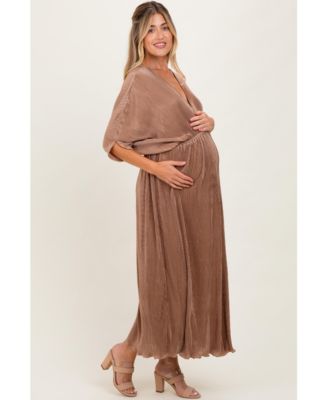 Maternity Burgundy Pleated Satin Dolman Sleeve Maxi Dress