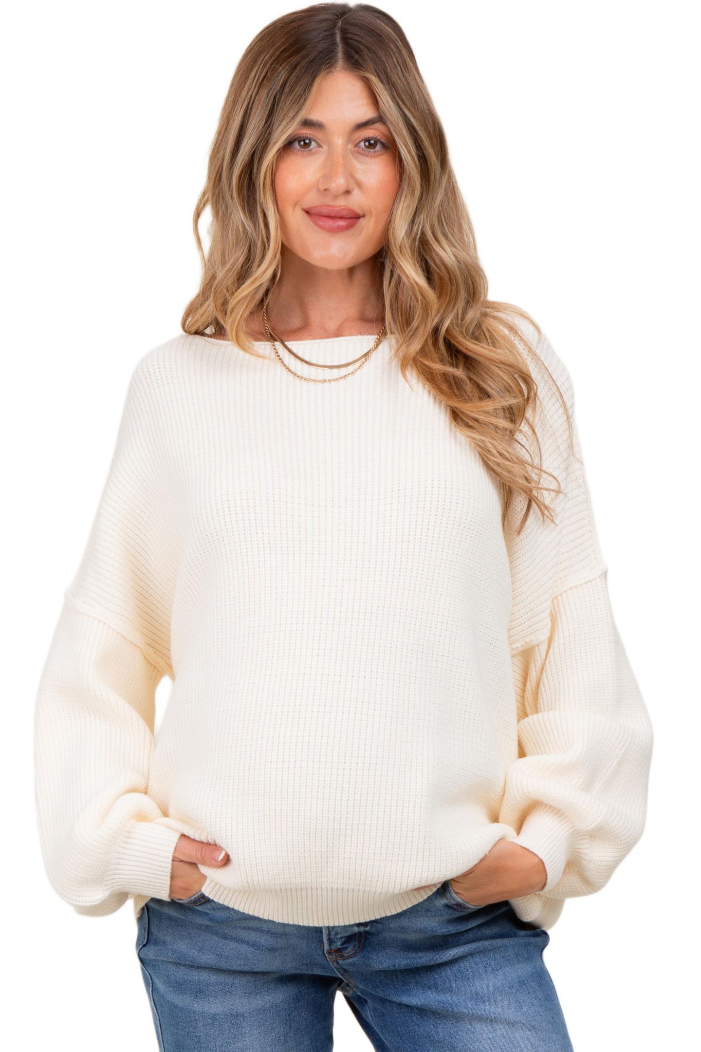 Женский свитер Pinkblush Cream Balloon Sleeve Boat Neck Knit, цвет: Кремовый — фото 1