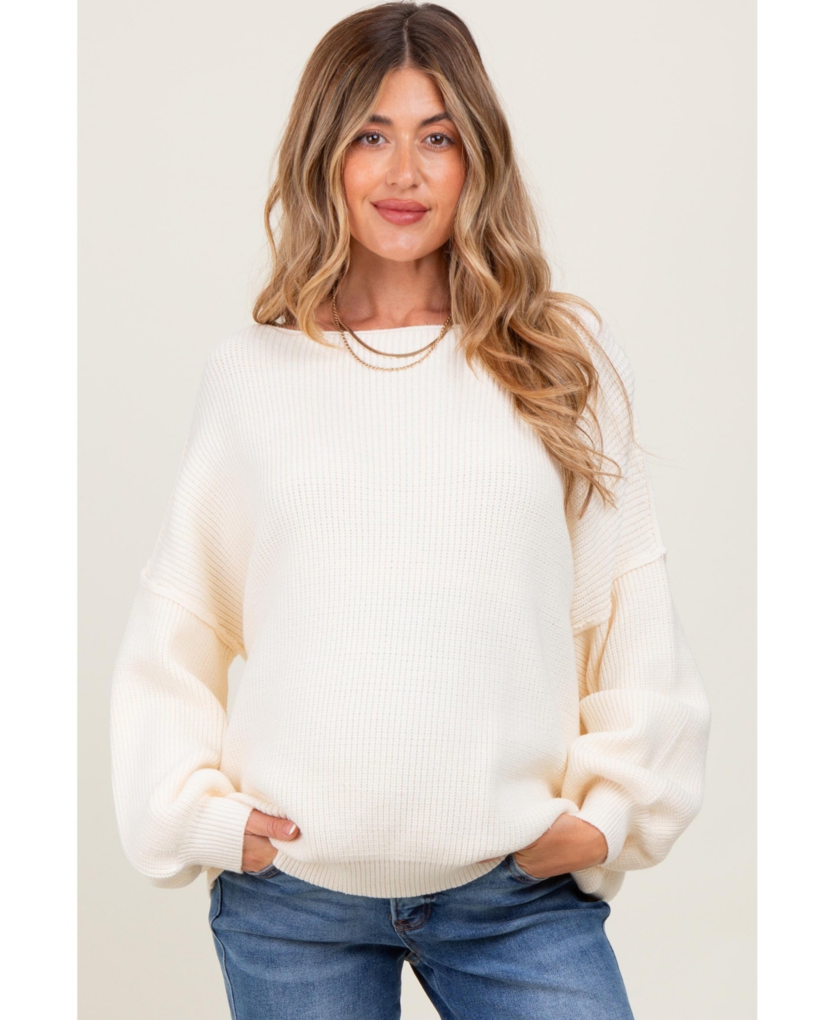 Pinkblush Maternity Cream Balloon Sleeve Boat Neck Knit Sweater
