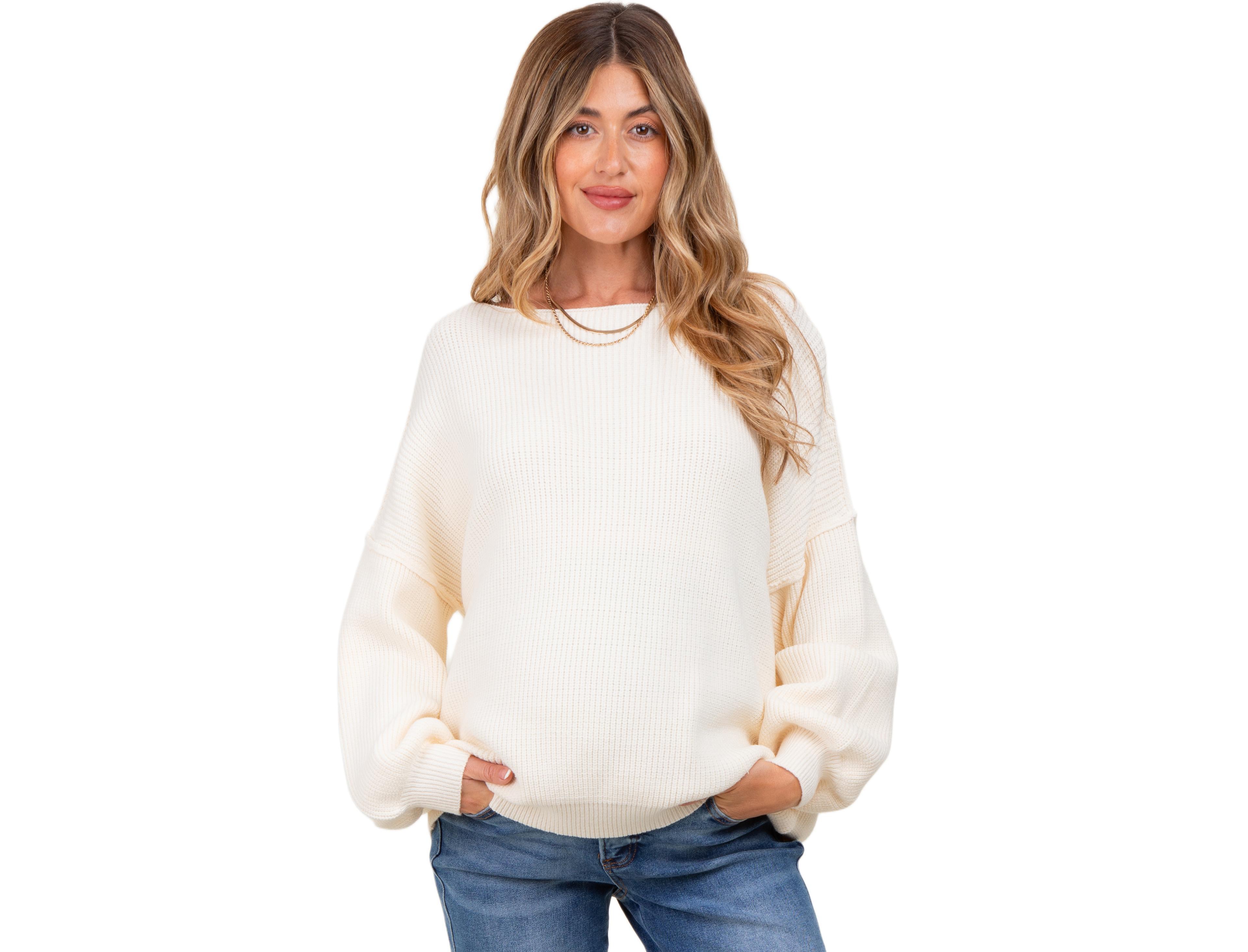 Pinkblush Women's Cream Balloon Sleeve Boat Neck Knit Sweater