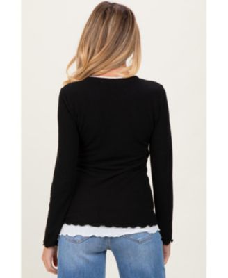 Maternity Black/White Ribbed Long Sleeve Twofer Top