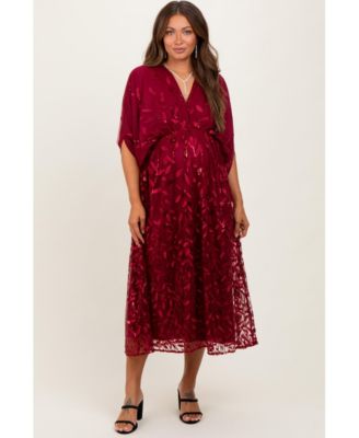 Maternity Dresses Light Gold Embroidered Tulle Dolman V-Neck Midi Dress