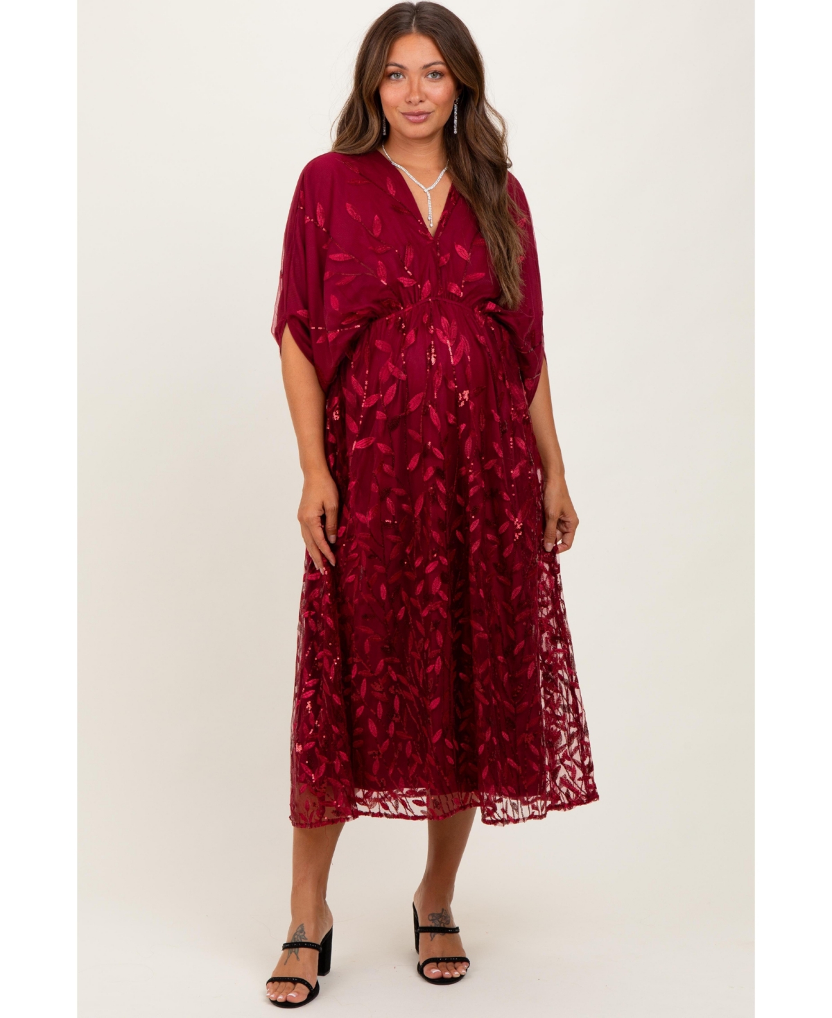 Pinkblush Maternity Dresses Light Gold Embroidered Tulle Dolman V-Neck Midi Dress