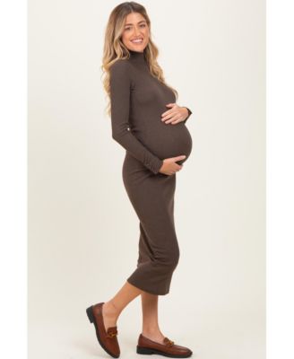 Maternity Brown Turtle Neck Long Sleeve Rib Fitted Midi Dress