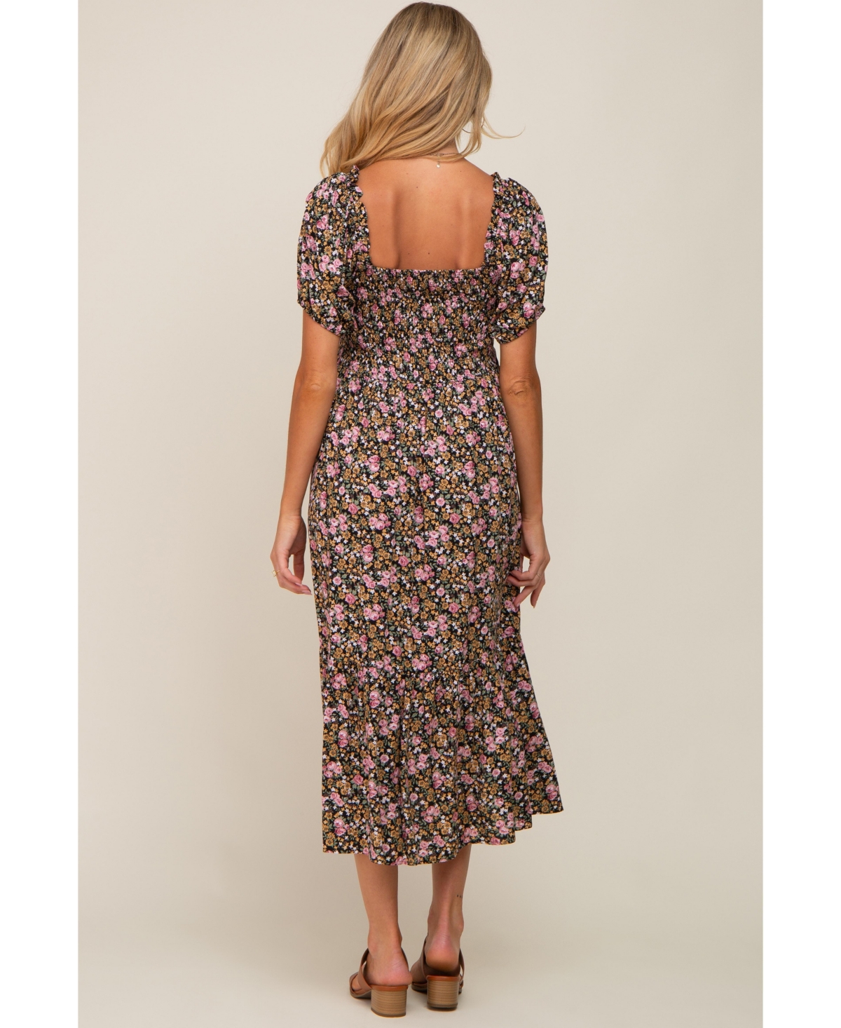 Pinkblush Maternity Taupe Floral Smocked Puff Sleeve Midi Dress