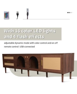 Rattan TV Stand with 3 Cabinets & 2 Drawers Media Console Table for TVs up to 80" with LED Light