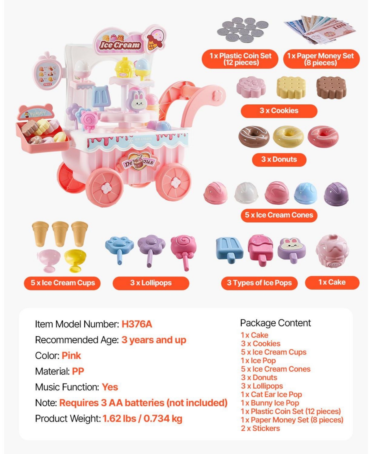 Mecale Ice Cream Cart for Kids, 27 Pcs Pretend Play Store with Storage Trolley, Sound & Light, Pretend Money, Educational Toy 3+ Pink