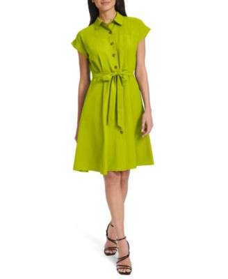 Women's Belted Cap-Sleeve Shirt Dress