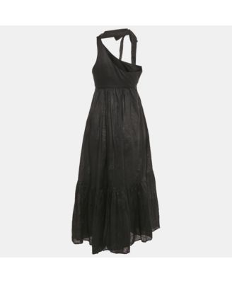 Women's Black Linen Tie Neck Detail Empire Mid Dress