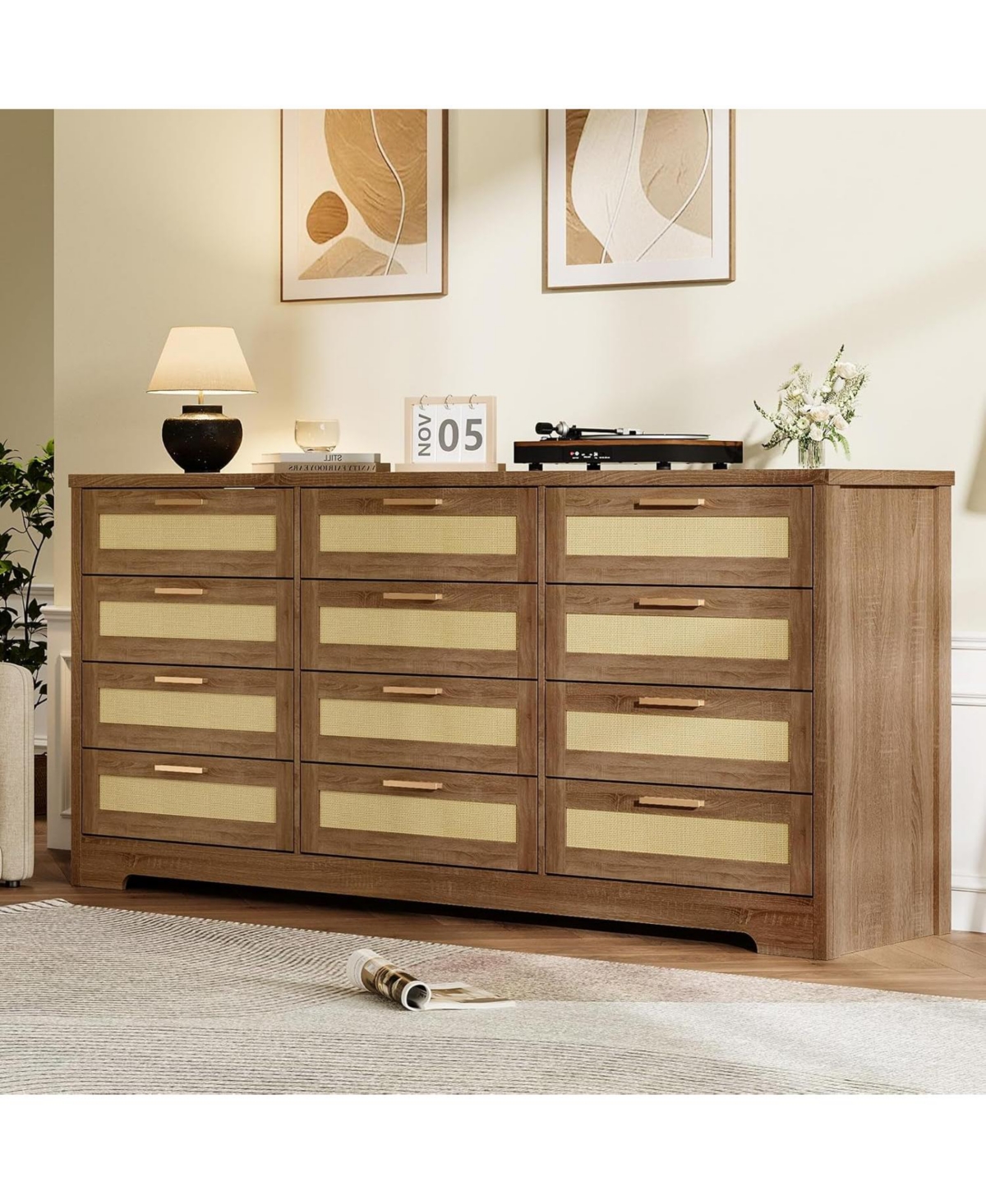 12-Drawer Rattan Bedroom Dresser, Modern Wood Storage Chest with Woven Panel Fronts for Nursery, Entryway, or Living Room, Natural