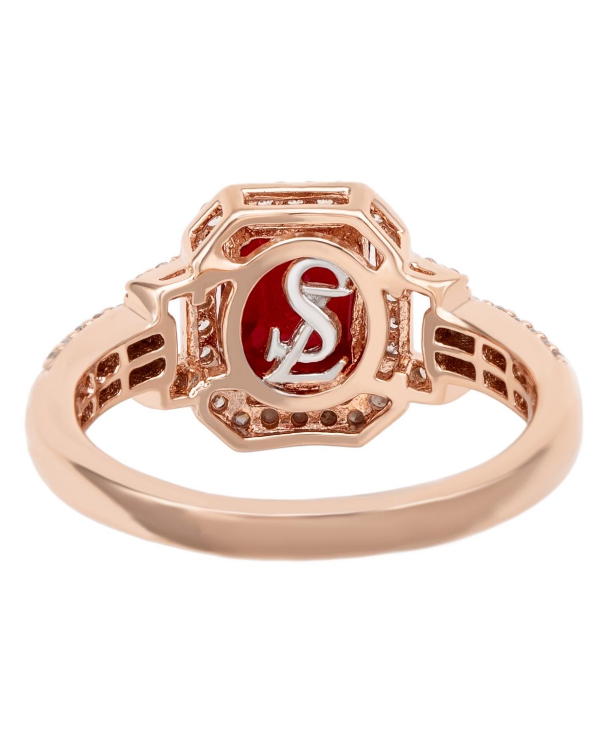 Suzy Levian Rose Sterling Silver Emerald-Cut Red and White Cubic Zirconia Halo Ring