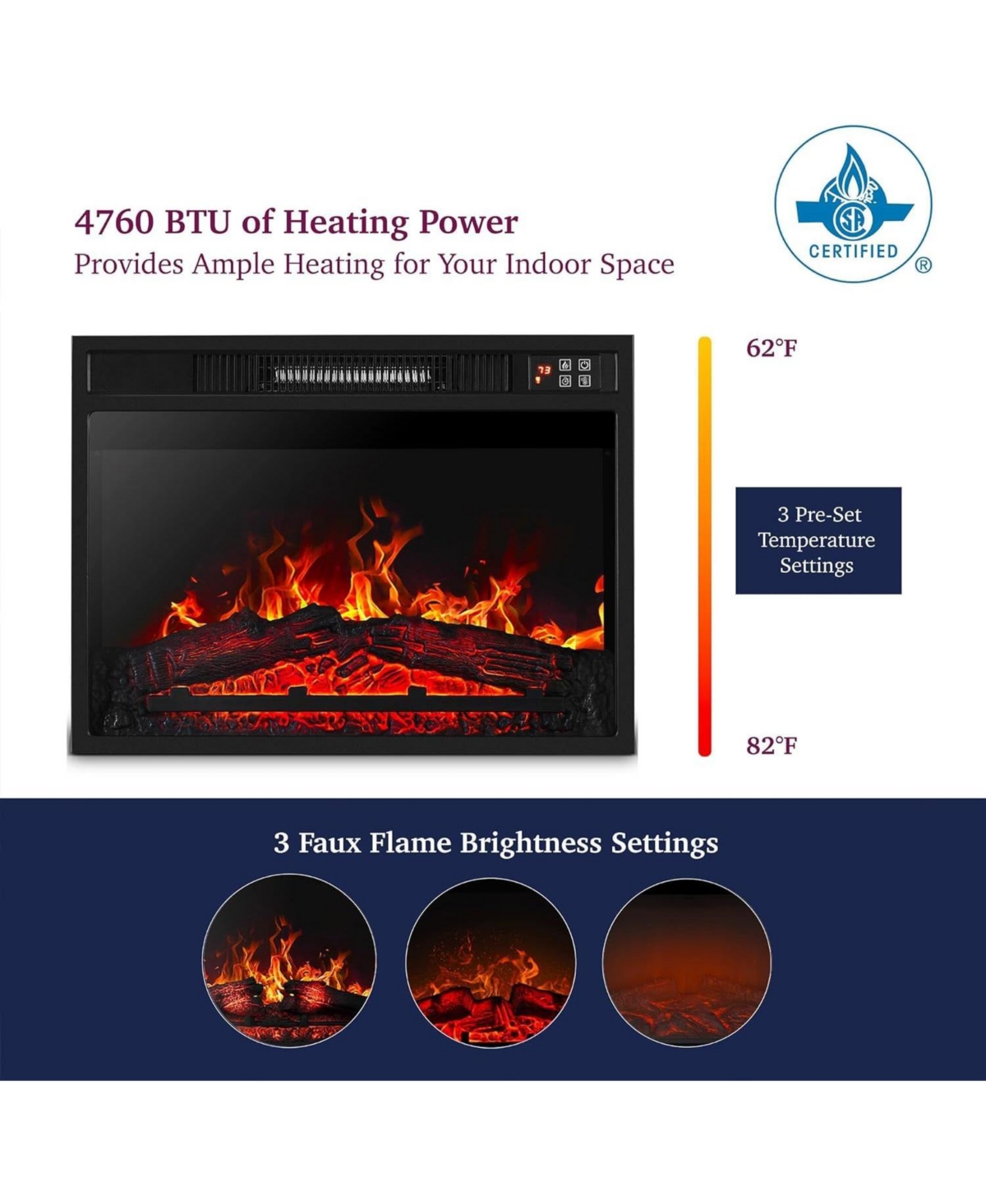 23" Electric Fireplace, 3DInfrared Black Fireplace Electric Insert Heater, with Ir Remote Control