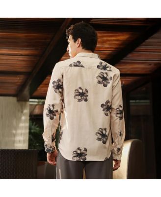 Men's Ecru Beige & Midnight Black Withering Flora Imprint Shirt
