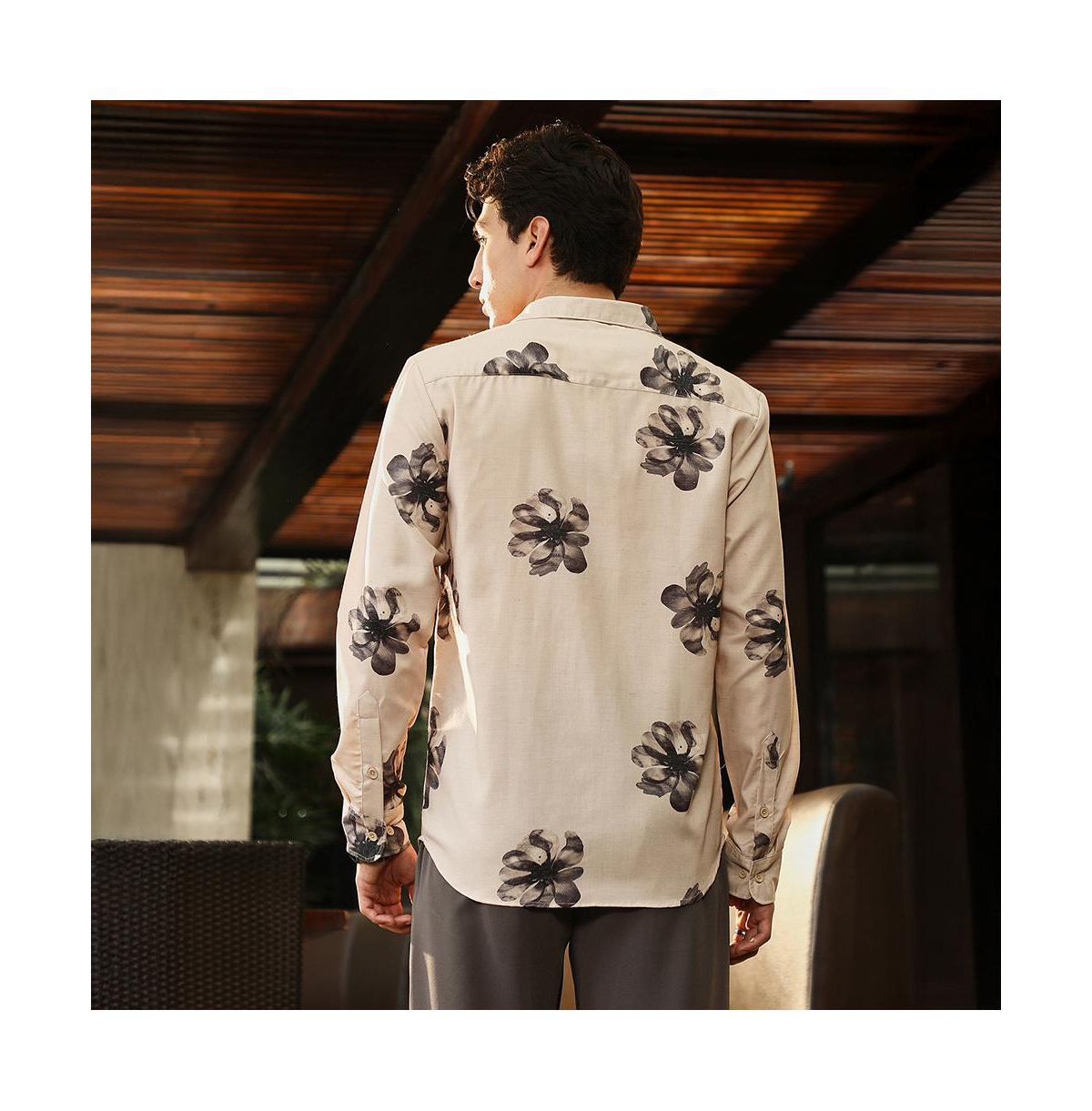 Campus Sutra Men's Ecru Beige & Midnight Black Withering Flora Imprint Shirt
