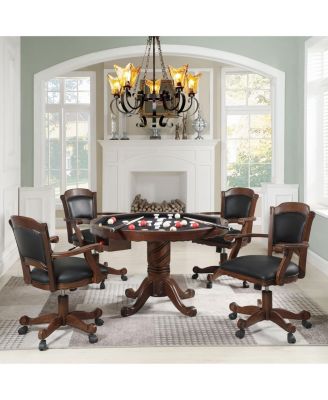 Tobacco Finish Reversible Game Table with cup holders, carved pedestal, velvet surface, converts dining to gaming.