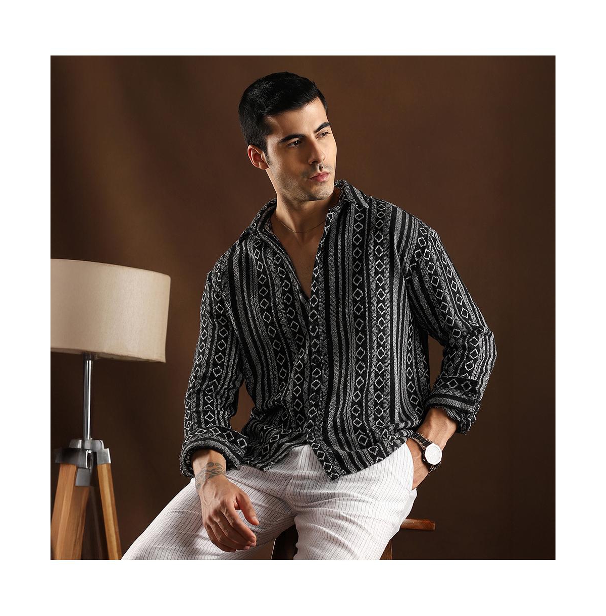 Campus Sutra Men's Onyx Black Folk-Weave Shirt