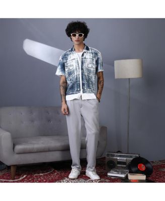 Men's Navy Blue Denim-Imprint Relaxed Shirt