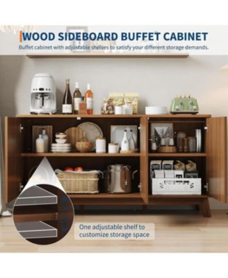 58" Modern Farmhouse Buffet Cabinet with Curved Doors & Adjustable Shelves - Wood Storage Sideboard for Dining Room, Walnut Wood Color