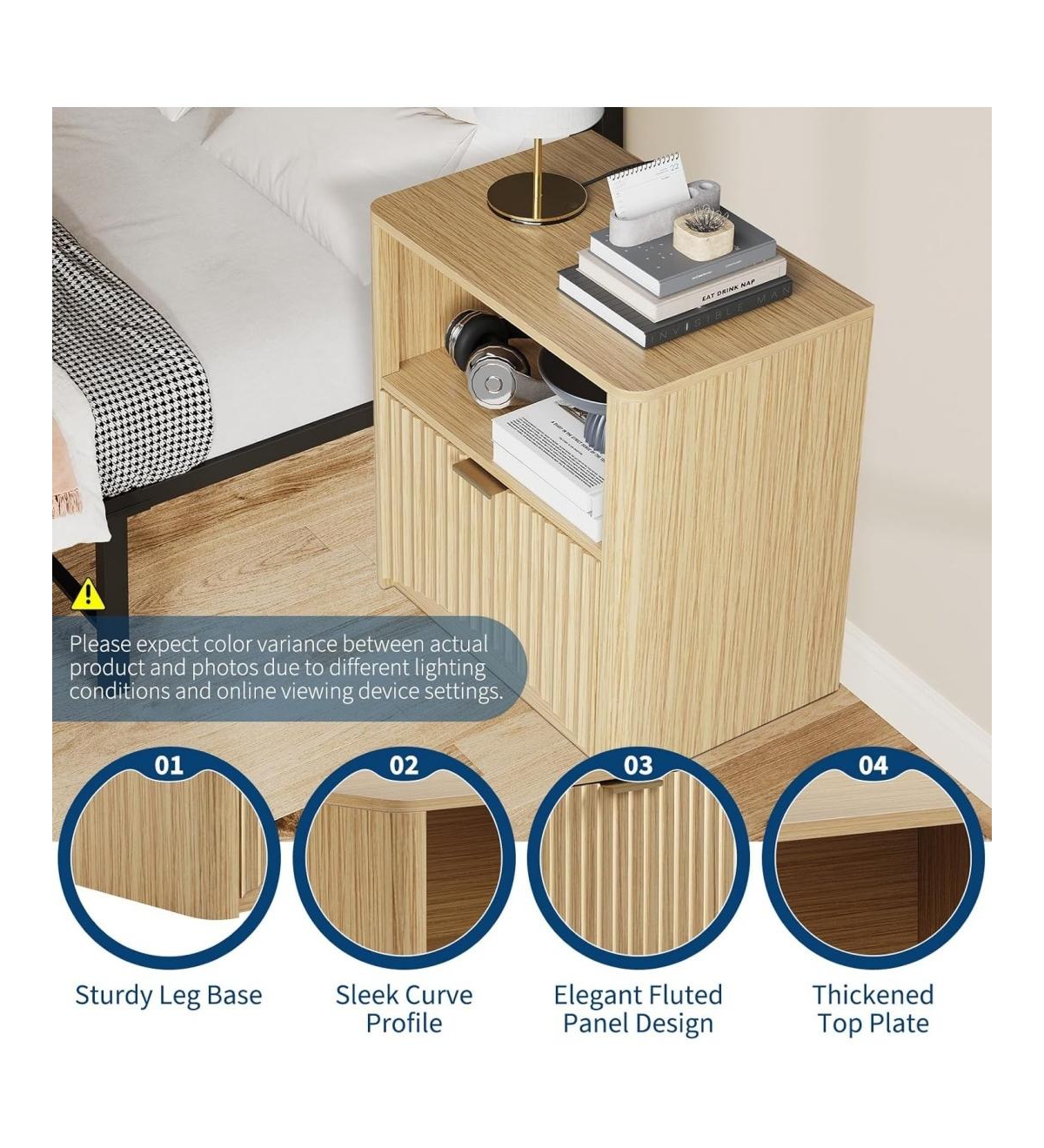 Gaomon 2pcs Nightstands, Fluted Nightstand with Drawer and Storage, End Table Mid Century Modern, Wooden Nightstand for Bedroom Sofa Office,Oak