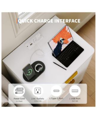 Fluted Nightstand with Charging Station, Bedside Table with Drawers and Open Storage Space, Mid Century Modern End Table