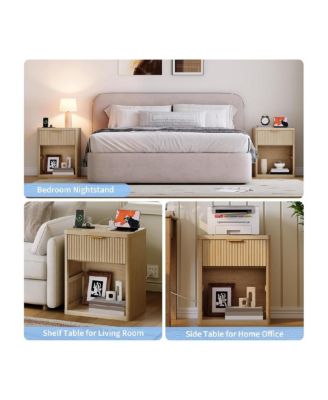 Fluted Nightstand with Charging Station, Bedside Table with Drawers and Open Storage Space, Mid Century Modern End Table