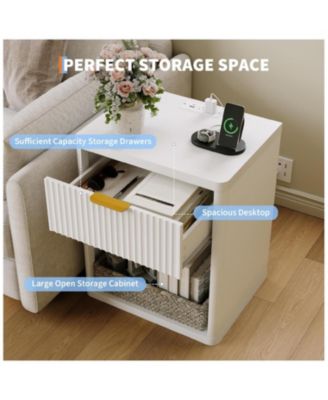 Set of 2 Charging Station, Drawers and Open Storage Space, Natural Color Fluted Nightstand Bedside Table