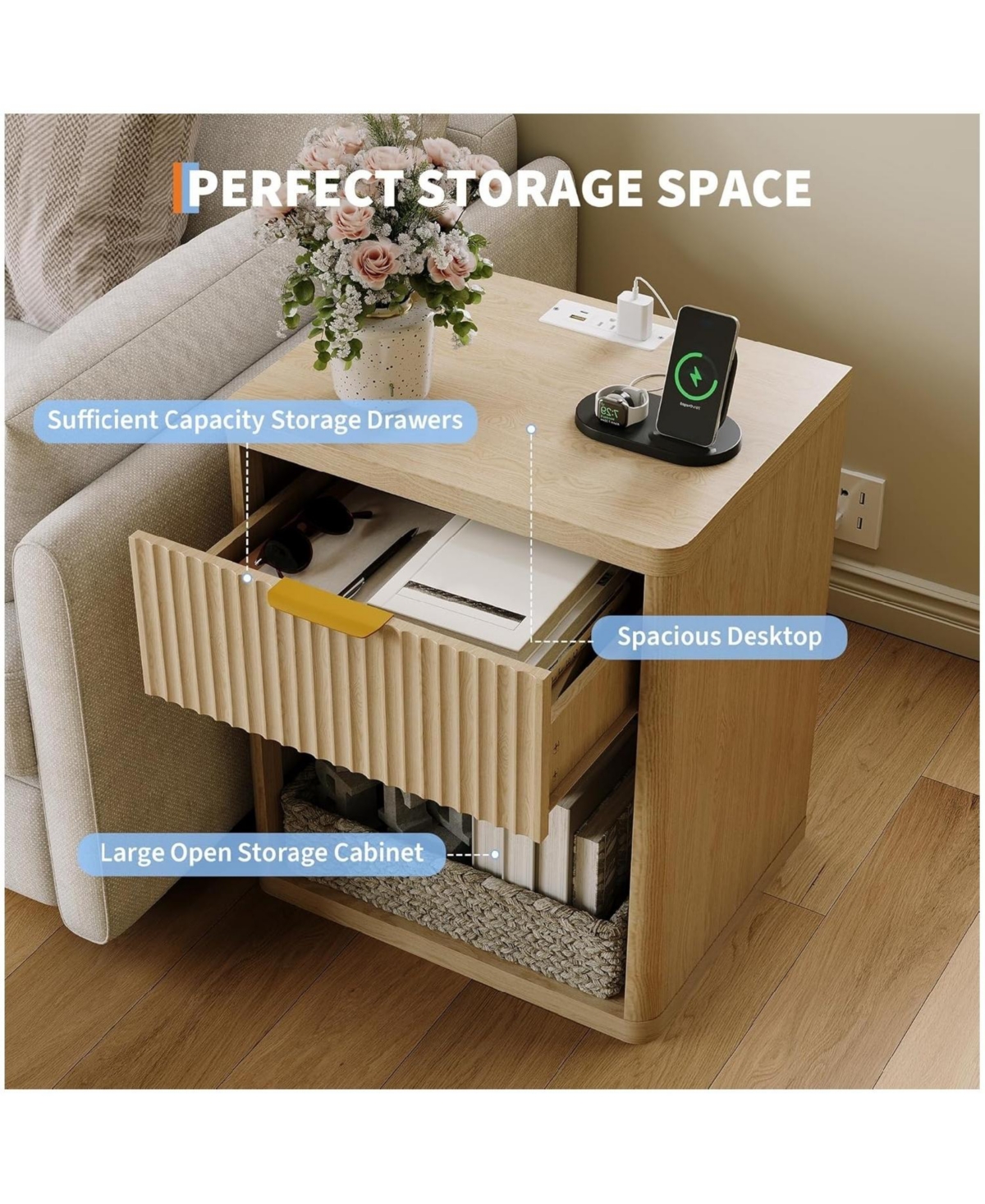 gaomon Set of 2 Charging Station, Drawers and Open Storage Space, Natural Color Fluted Nightstand Bedside Table