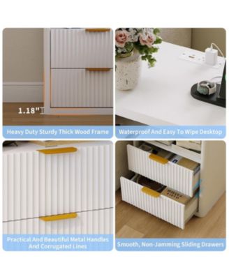 Fluted Nightstand with Charging Station, Bedside Table with 2 Drawers and Open Storage Space, Mid Century Modern End Table, 1pcs
