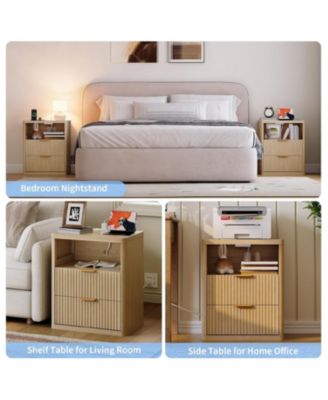 Fluted Nightstand with Charging Station, Bedside Table with 2 Drawers and Open Storage Space, Mid Century Modern End Table, 1pcs